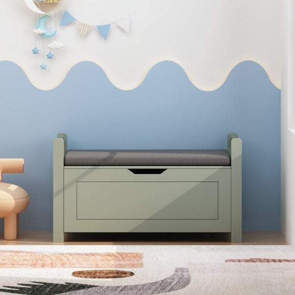 English Elm Kids Toy Chest with Cushioned Bench Seat Safety Hinge MDF Storage for Playroom Sage W808P486076
