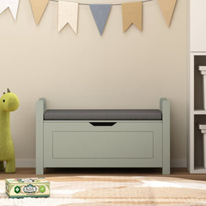 English Elm Kids Toy Chest with Cushioned Bench Seat Safety Hinge MDF Storage for Playroom Sage W808P486076