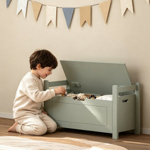 English Elm Kids Toy Chest with Cushioned Bench Seat Safety Hinge MDF Storage for Playroom Sage W808P486076