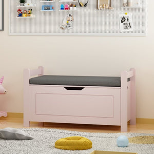 English Elm Kids Toy Chest with Cushioned Bench Seat Safety Hinge MDF Storage for Playroom Pink W808P489836
