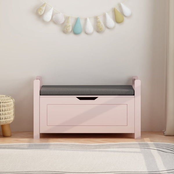 English Elm Kids Toy Chest with Cushioned Bench Seat Safety Hinge MDF Storage for Playroom Pink W808P489836