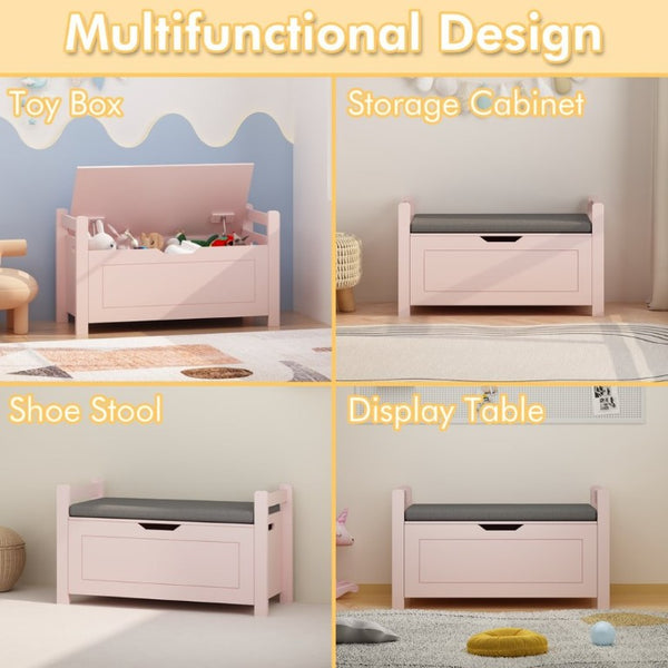 English Elm Kids Toy Chest with Cushioned Bench Seat Safety Hinge MDF Storage for Playroom Pink W808P489836