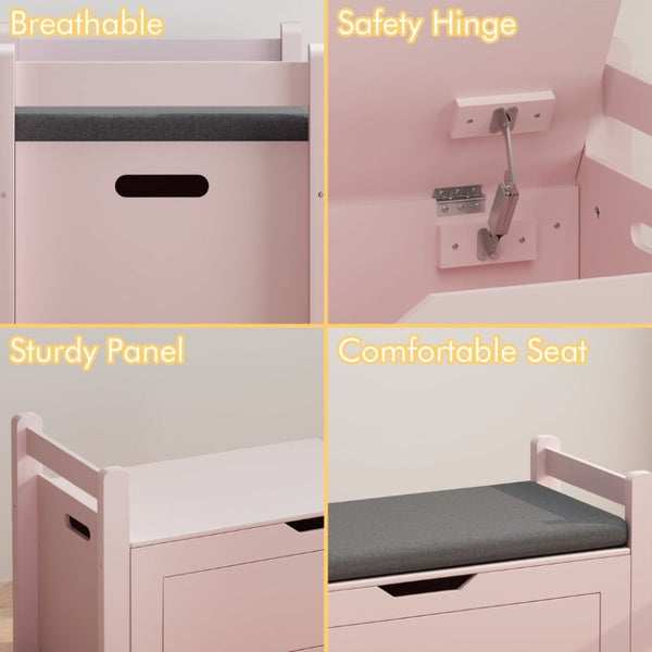 English Elm Kids Toy Chest with Cushioned Bench Seat Safety Hinge MDF Storage for Playroom Pink W808P489836