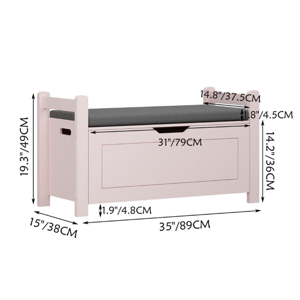 English Elm Kids Toy Chest with Cushioned Bench Seat Safety Hinge MDF Storage for Playroom Pink W808P489836
