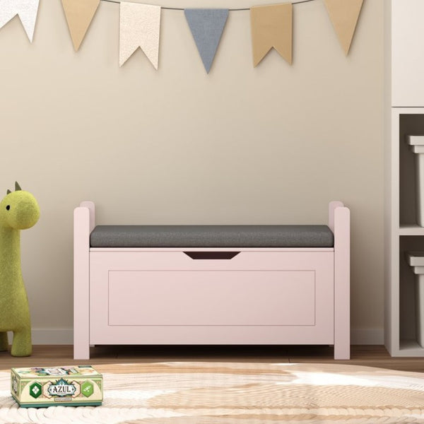 English Elm Kids Toy Chest with Cushioned Bench Seat Safety Hinge MDF Storage for Playroom Pink W808P489836
