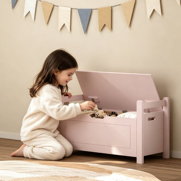 English Elm Kids Toy Chest with Cushioned Bench Seat Safety Hinge MDF Storage for Playroom Pink W808P489836