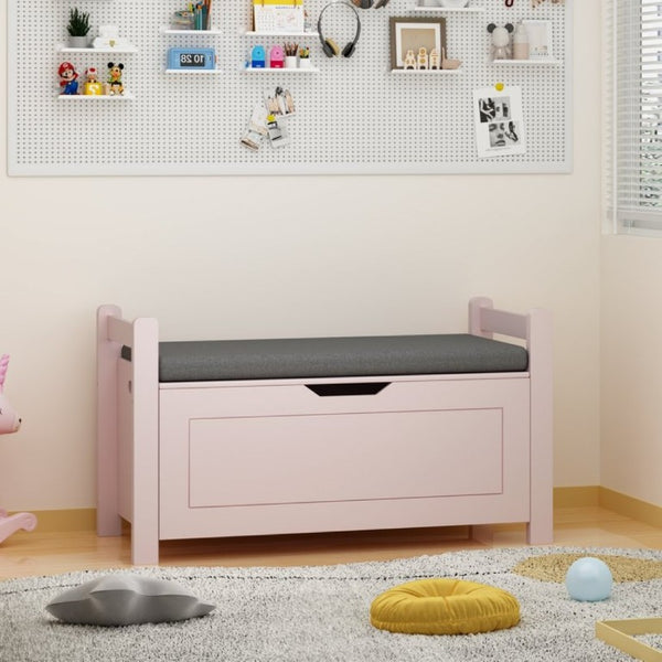 English Elm Kids Toy Chest with Cushioned Bench Seat Safety Hinge MDF Storage for Playroom Pink W808P489836