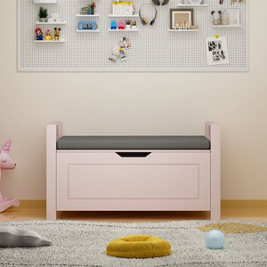 English Elm Kids Toy Chest with Cushioned Bench Seat Safety Hinge MDF Storage for Playroom Pink W808P489836