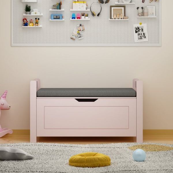 English Elm Kids Toy Chest with Cushioned Bench Seat Safety Hinge MDF Storage for Playroom Pink W808P489836