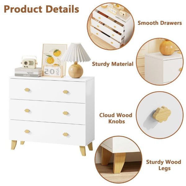 English Elm Kids Three Drawer Dresser with Cloud Handles Pine Legs White Nursery Storage W808P496569