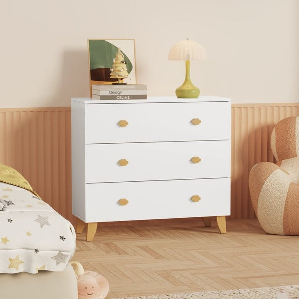 English Elm Kids Three Drawer Dresser with Cloud Handles Pine Legs White Nursery Storage W808P496569