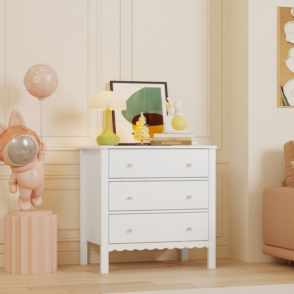 English Elm White Mdf Three Drawer Dresser with Gold Knobs Scalloped Detail for Nursery Bedroom W808P496571
