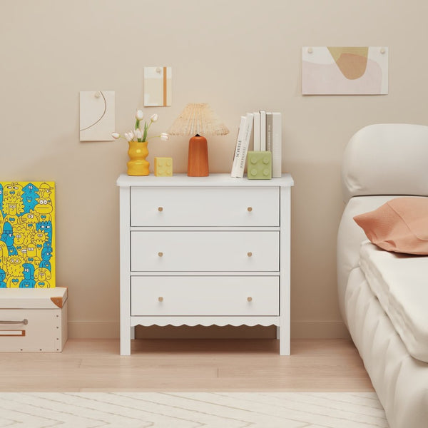 English Elm White Mdf Three Drawer Dresser with Gold Knobs Scalloped Detail for Nursery Bedroom W808P496571