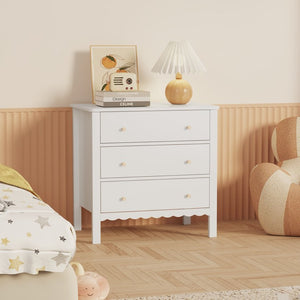English Elm White Mdf Three Drawer Dresser with Gold Knobs Scalloped Detail for Nursery Bedroom W808P496571