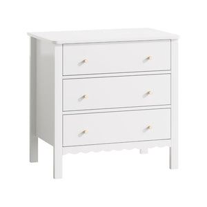 English Elm White Mdf Three Drawer Dresser with Gold Knobs Scalloped Detail for Nursery Bedroom W808P496571