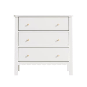 English Elm White Mdf Three Drawer Dresser with Gold Knobs Scalloped Detail for Nursery Bedroom W808P496571