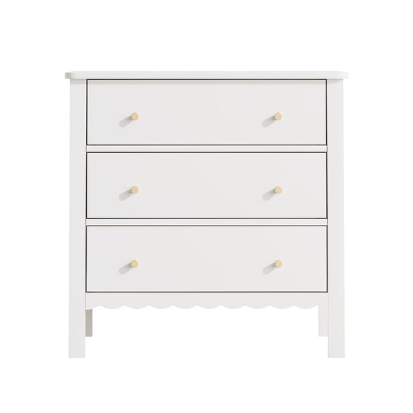 English Elm White Mdf Three Drawer Dresser with Gold Knobs Scalloped Detail for Nursery Bedroom W808P496571