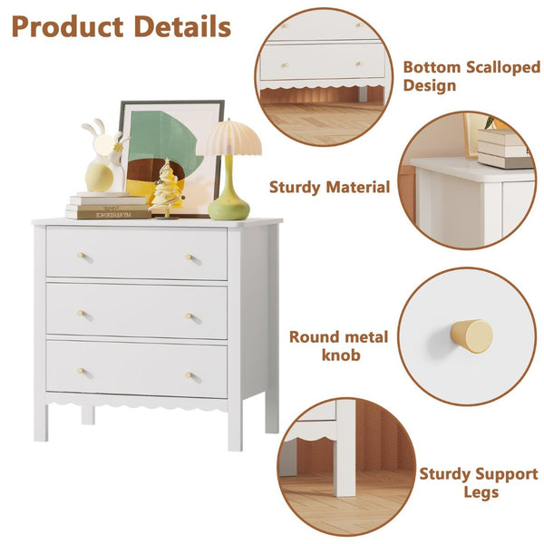 English Elm White Mdf Three Drawer Dresser with Gold Knobs Scalloped Detail for Nursery Bedroom W808P496571