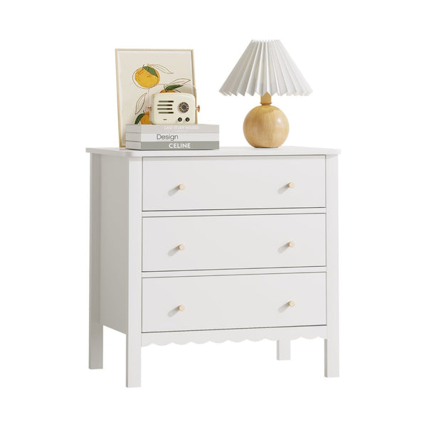 English Elm White Mdf Three Drawer Dresser with Gold Knobs Scalloped Detail for Nursery Bedroom W808P496571