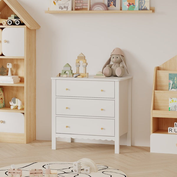 English Elm White Mdf Three Drawer Dresser with Gold Knobs Scalloped Detail for Nursery Bedroom W808P496571