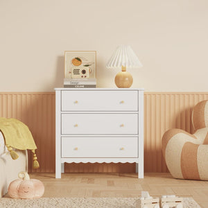 English Elm White Mdf Three Drawer Dresser with Gold Knobs Scalloped Detail for Nursery Bedroom W808P496571
