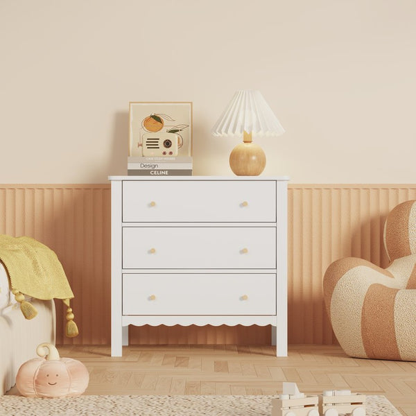 English Elm White Mdf Three Drawer Dresser with Gold Knobs Scalloped Detail for Nursery Bedroom W808P496571