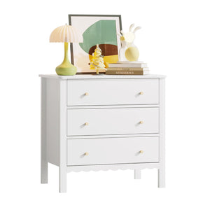 English Elm White Mdf Three Drawer Dresser with Gold Knobs Scalloped Detail for Nursery Bedroom W808P496571