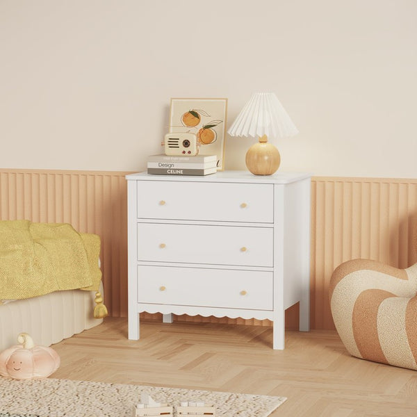 English Elm White Mdf Three Drawer Dresser with Gold Knobs Scalloped Detail for Nursery Bedroom W808P496571