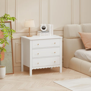 English Elm White Mdf Three Drawer Dresser with Gold Knobs Scalloped Detail for Nursery Bedroom W808P496571