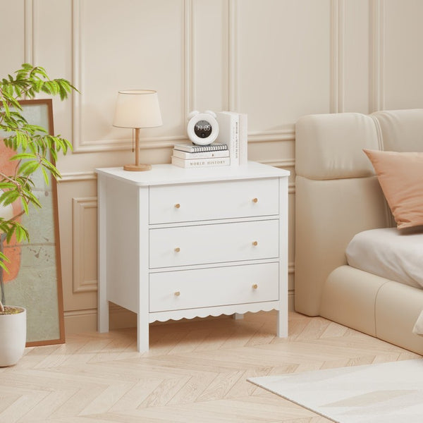 English Elm White Mdf Three Drawer Dresser with Gold Knobs Scalloped Detail for Nursery Bedroom W808P496571