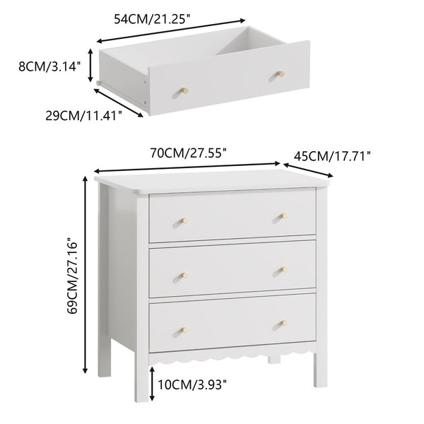 English Elm White Mdf Three Drawer Dresser with Gold Knobs Scalloped Detail for Nursery Bedroom W808P496571