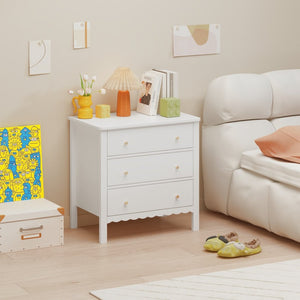 English Elm White Mdf Three Drawer Dresser with Gold Knobs Scalloped Detail for Nursery Bedroom W808P496571
