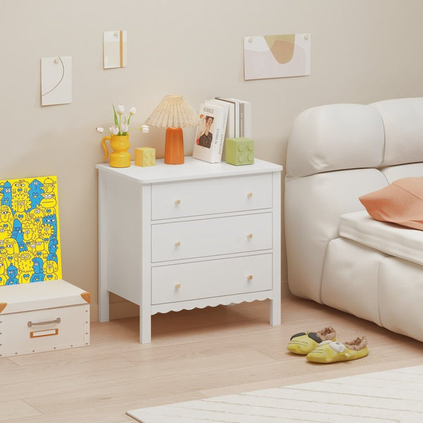 English Elm White Mdf Three Drawer Dresser with Gold Knobs Scalloped Detail for Nursery Bedroom W808P496571