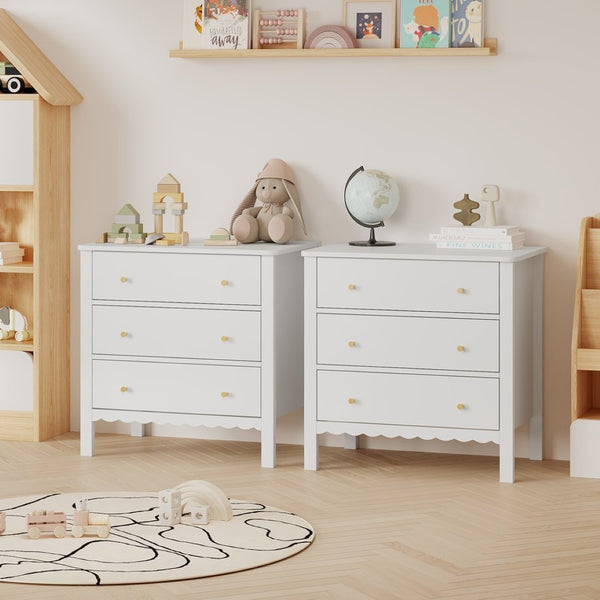 English Elm White Mdf Three Drawer Dresser with Gold Knobs Scalloped Detail for Nursery Bedroom W808P496571