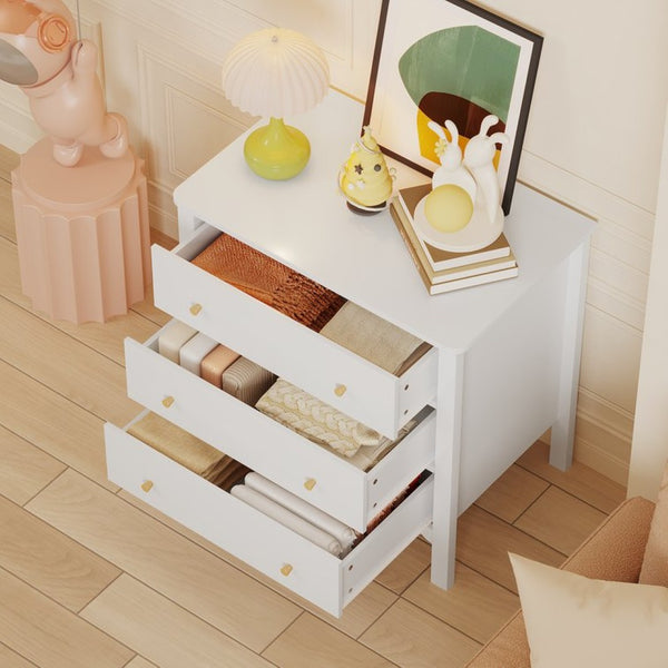 English Elm White Mdf Three Drawer Dresser with Gold Knobs Scalloped Detail for Nursery Bedroom W808P496571