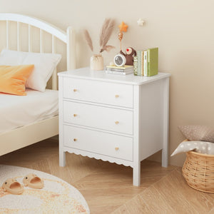 English Elm White Mdf Three Drawer Dresser with Gold Knobs Scalloped Detail for Nursery Bedroom W808P496571