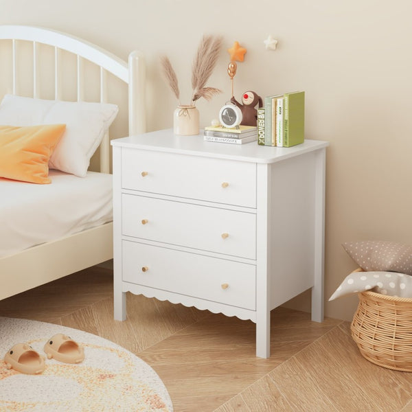 English Elm White Mdf Three Drawer Dresser with Gold Knobs Scalloped Detail for Nursery Bedroom W808P496571