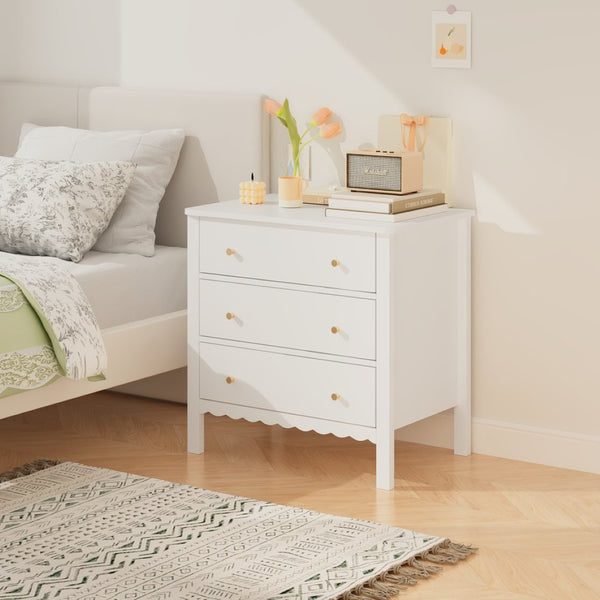 English Elm White Mdf Three Drawer Dresser with Gold Knobs Scalloped Detail for Nursery Bedroom W808P496571