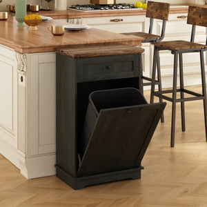 English Elm 10 Gallon Tilt Out Wood Trash Cabinet with Drawer Hideaway Bin Enclosure for Kitchen Antique Black W808P498760