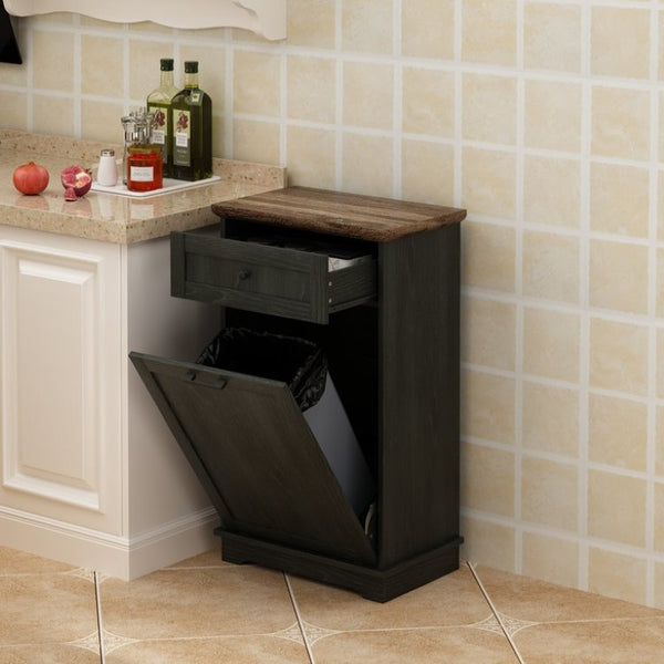 English Elm 10 Gallon Tilt Out Wood Trash Cabinet with Drawer Hideaway Bin Enclosure for Kitchen Antique Black W808P498760