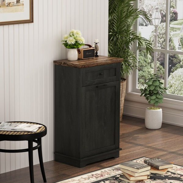 English Elm 10 Gallon Tilt Out Wood Trash Cabinet with Drawer Hideaway Bin Enclosure for Kitchen Antique Black W808P498760