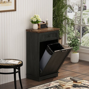 English Elm 10 Gallon Tilt Out Wood Trash Cabinet with Drawer Hideaway Bin Enclosure for Kitchen Antique Black W808P498760