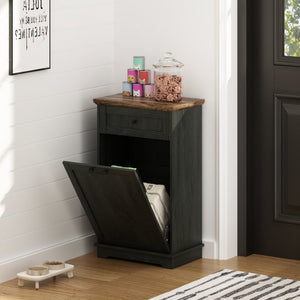English Elm 10 Gallon Tilt Out Wood Trash Cabinet with Drawer Hideaway Bin Enclosure for Kitchen Antique Black W808P498760