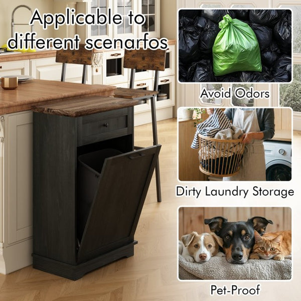 English Elm 10 Gallon Tilt Out Wood Trash Cabinet with Drawer Hideaway Bin Enclosure for Kitchen Antique Black W808P498760