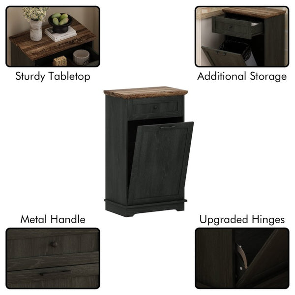 English Elm 10 Gallon Tilt Out Wood Trash Cabinet with Drawer Hideaway Bin Enclosure for Kitchen Antique Black W808P498760