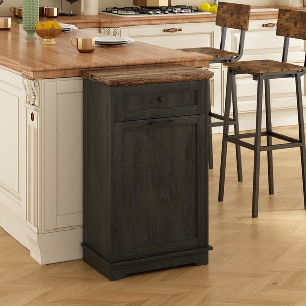 English Elm 10 Gallon Tilt Out Wood Trash Cabinet with Drawer Hideaway Bin Enclosure for Kitchen Antique Black W808P498760