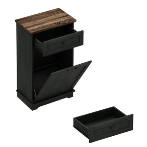 English Elm 10 Gallon Tilt Out Wood Trash Cabinet with Drawer Hideaway Bin Enclosure for Kitchen Antique Black W808P498760