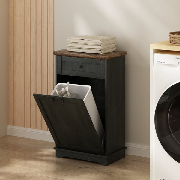 English Elm 10 Gallon Tilt Out Wood Trash Cabinet with Drawer Hideaway Bin Enclosure for Kitchen Antique Black W808P498760