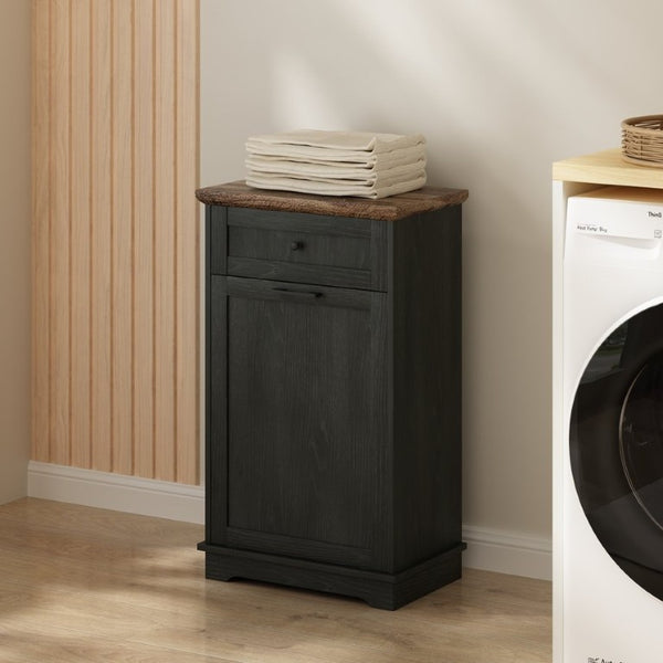 English Elm 10 Gallon Tilt Out Wood Trash Cabinet with Drawer Hideaway Bin Enclosure for Kitchen Antique Black W808P498760