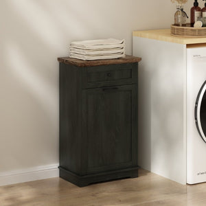 English Elm 10 Gallon Tilt Out Wood Trash Cabinet with Drawer Hideaway Bin Enclosure for Kitchen Antique Black W808P498760